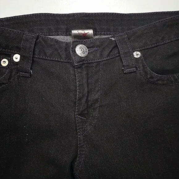 True Religion Ladies Size 31 Black World Tour Skinny Jeans w/ Purple Stitching - Picture 7 of 13